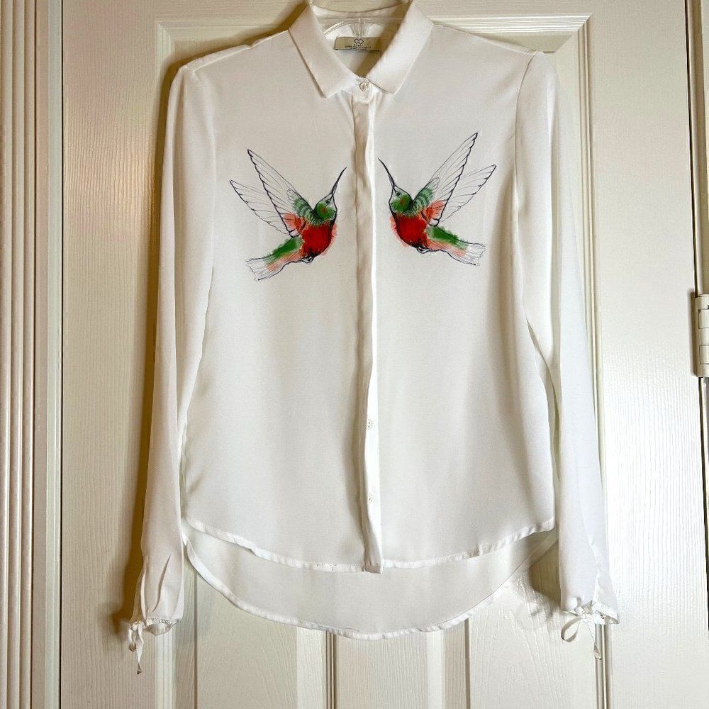 Cubic Experimental Fashion White Hummingbird Blouse sz S